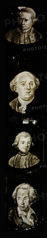 Hand-painted slide with four portraits of celebrities and or noble persons, slide slide slideshope images glass paper textiles