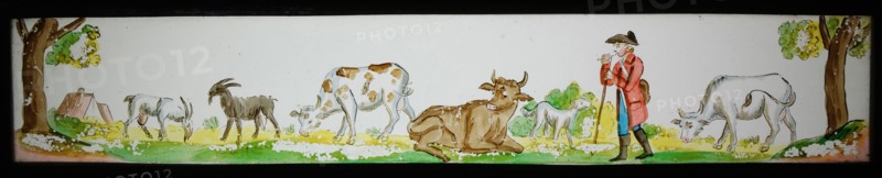 Hand-painted lantern plate in tin mount, image of man with cattle, slide plate slideshope images glass paper tin, Hand-painted