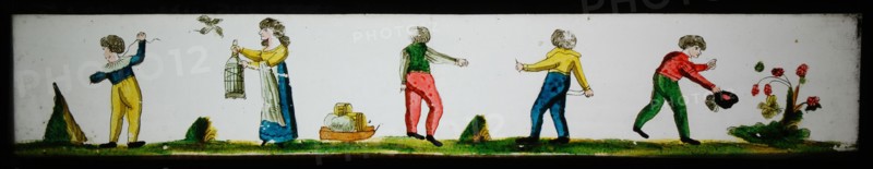 Hand-painted lantern plate in tin mount, depicting four boys, woman, bird and butterfly, slide plate slideshope images glass