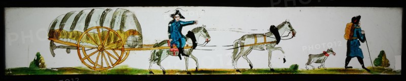 Hand-painted lantern plate in tin mount, image of traveling company with covered wagon, slide plate slideshope images glass