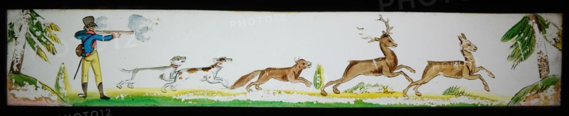 Hand-painted lantern plate in tin mount, image of hunting scene with deer, slide slide slideshope images glass paper tin, Hand