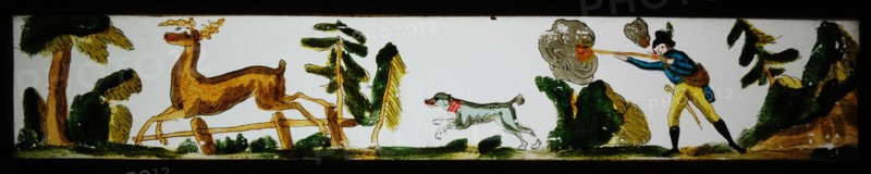 Hand-painted lantern plate in tin mount, image of hunting scene with deer, slide plate slideshope images glass paper tin, Hand