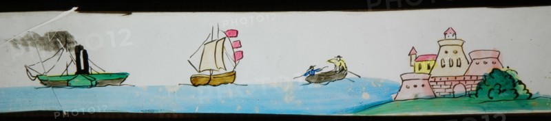 Hand-painted lantern plate with seascape, slide plate slideshope images glass paper, Hand-painted slides on the edges finished