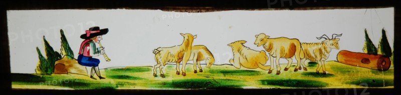 Hand-painted slide, image of shepherd with sheep and flute, slide slide slideshope images glass paper, Hand-painted rectangular