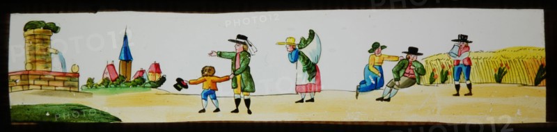 Hand-painted slide, image of people at source, village and cornfield, slide plate slideshope images glass paper, Hand-painted