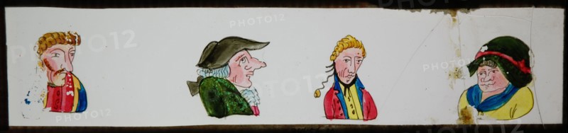 Hand-painted lantern plate with four portraits, slide plate slideshope images glass paper, Hand-painted rectangular magic