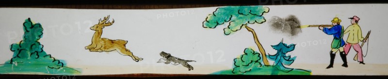 Hand-painted lantern plate with hunting scene, slide plate slideshope images glass paper, Hand-painted slides on the edges