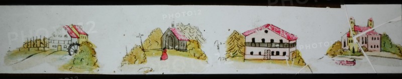 Hand-painted lantern plate with four buildings, slide slide slideshope images glass paper, Hand-painted slides on the edges