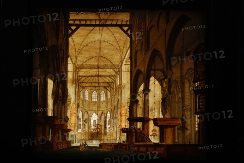 Perspective box of black lacquered wood with two painted glass plates: church interior, perspective glass panel glass wood oak