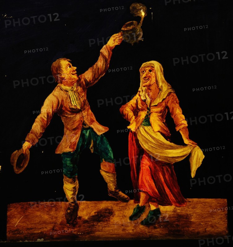 Hand-painted glass for illumination cabinet with dancing man and woman, slideshelf slideshare images glass paint paper, Hand