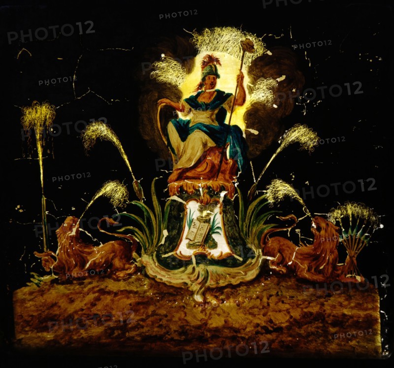 Hand-painted glass for illumination cabinet with allegorical representation: sitting woman with two lions and fountains