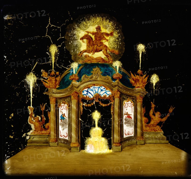 Hand-painted glass for illumination cabinet with image of pavilion with fountains, slideshelf slideshoot images glass paint