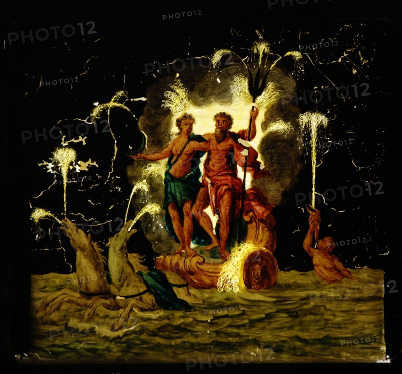 Hand-painted glass for illumination cabinet with image of Neptune and Venus Drawn by horses, slide slide diapositive sculpture