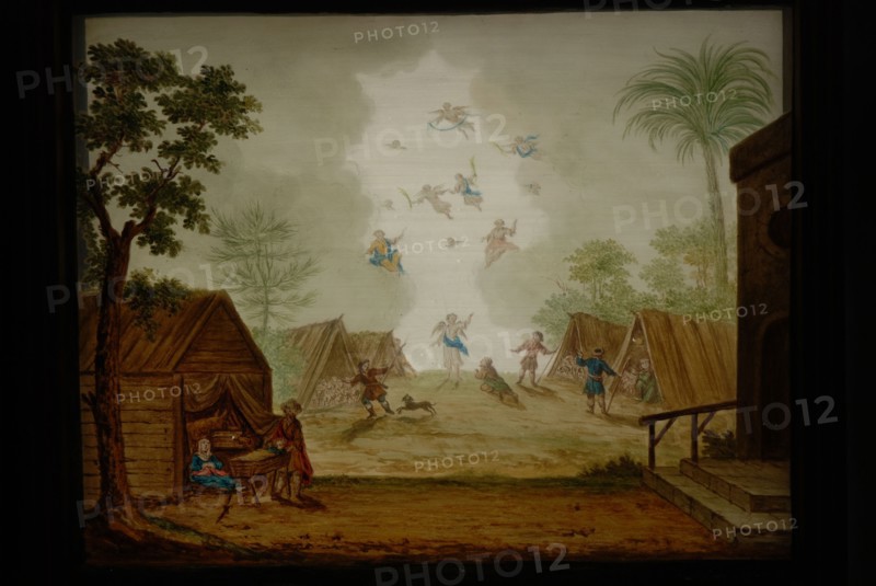 Perspective box with two painted glass plates, an angel appears to the shepherds, perspective case glass plate glass paint