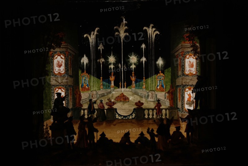 Perspective cupplate with three painted glass plates, fireworks on the Hofvijver, perspective box glass plate glass paint oak