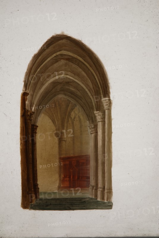 Perspective cupplate with two painted glass plates, church interior, perspective case glass plate glass paint wood, handpainted