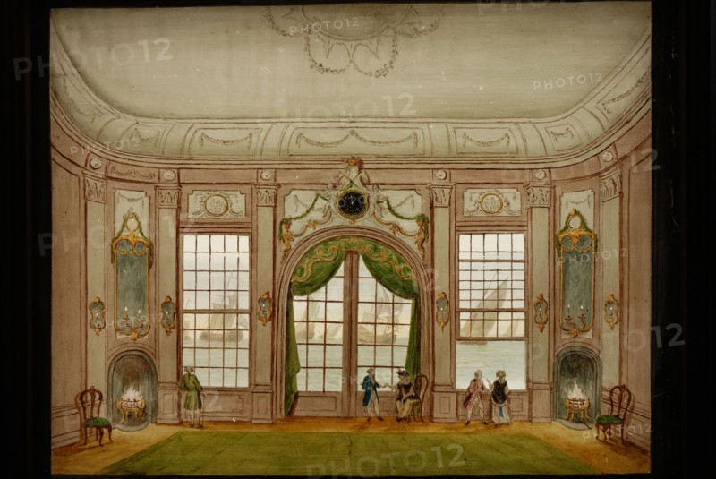 Perspective cupplate with two painted glass plates, room with sea view, perspective cabinet glass plate glass paint plywood
