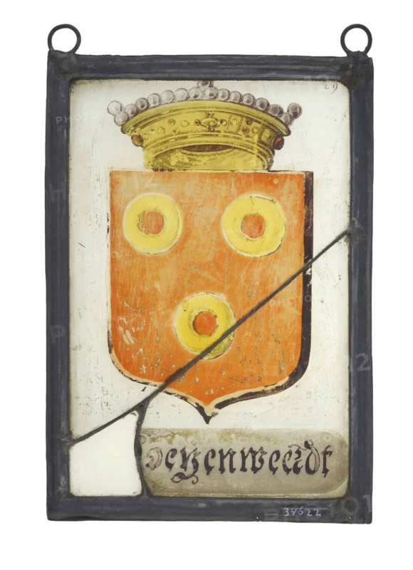 Window hanger, painted glass with weapon from Doyenweert, stained glass window pane glasspainting material glass paint lead