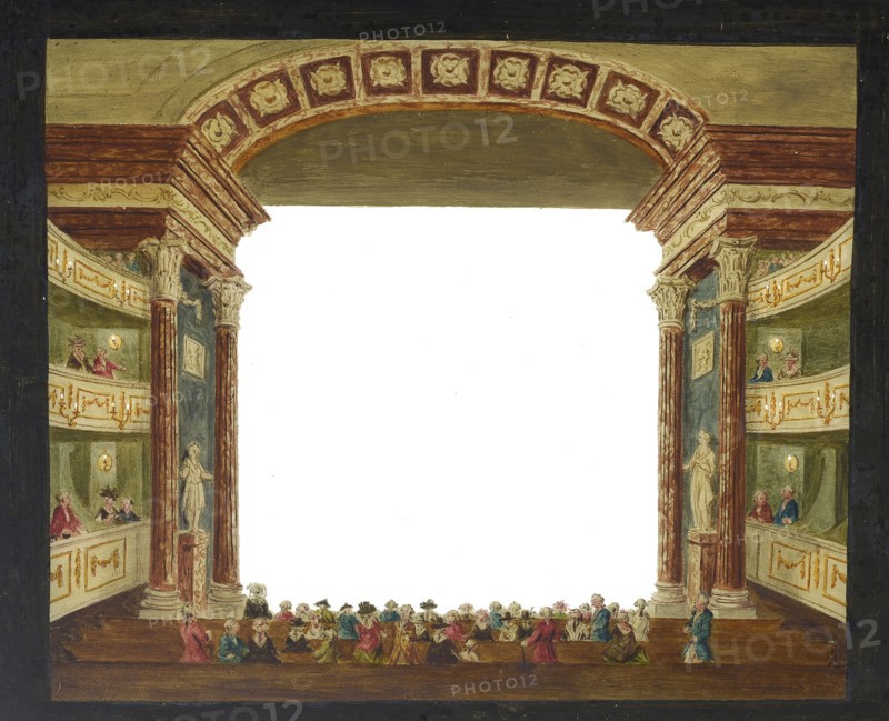 Painted glass plate for perspective box, theater with audience, glass plate perspective box glass paint, hand-painted