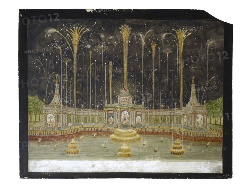 Painted glass for perspective box, garden pavilion with fountains and fireworks, glass plate perspective box glass paint
