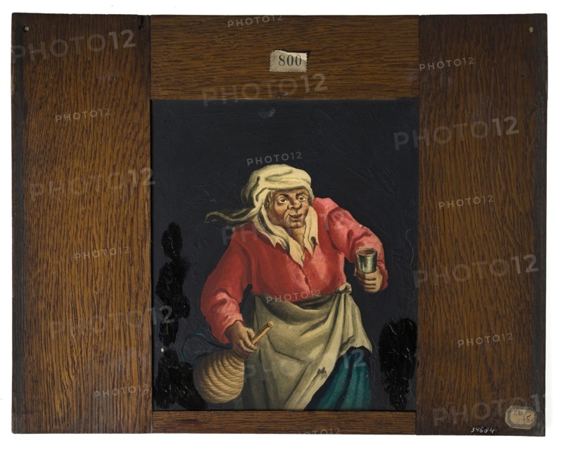 Hand-painted glass plate in wooden frame for illumination cabinet, illustration woman with cup and basket, slideshelf slide