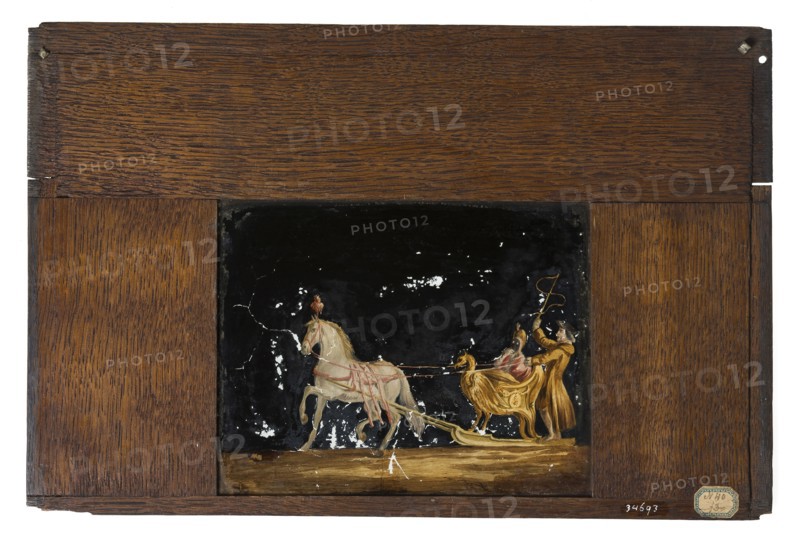 Hand-painted glass shelf in wooden frame for illumination cabinet, depicting man and woman in sleigh, slideshelf slideshoot