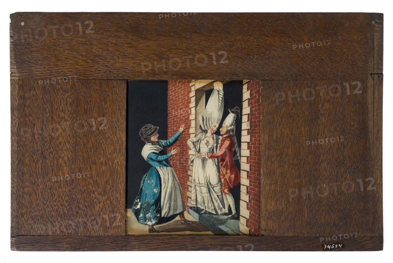 Hand-painted glass plate in wooden frame for illumination cabinet, image of man and woman with high wig in doorway, slideshelf