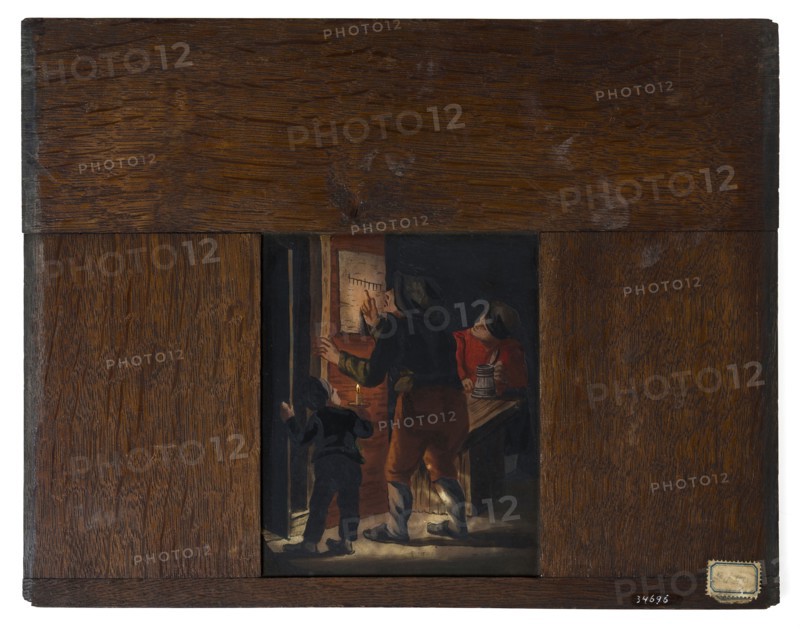 Hand-painted glass plate in wooden frame for illumination cabinet, depicting two men, boy and paper, slide slide slideshoot