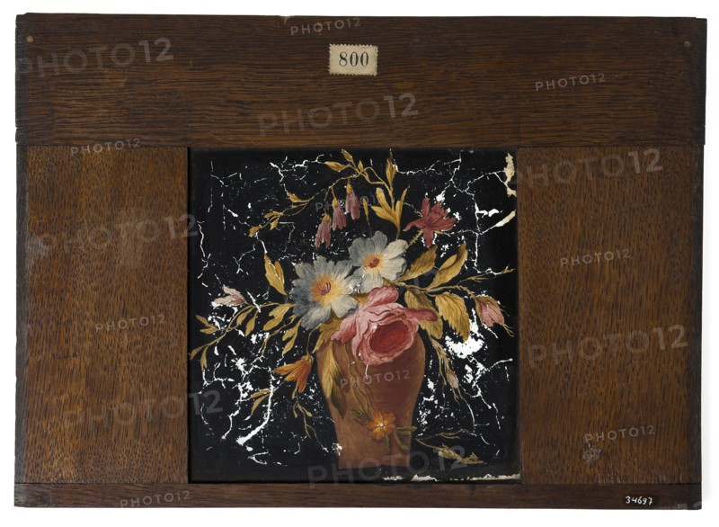 Hand-painted glass plate in wooden frame for lighting cabinet, image vase with flowers, slideshelf slideshoot images glass paint