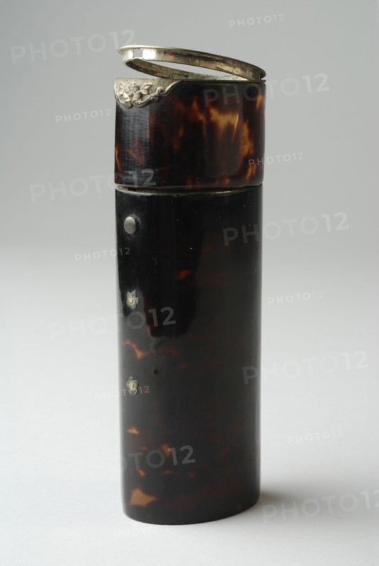Tortoiseshell cigar case with silver fittings around lid, cigar case holder copper silver metal turtle, Cigar case Oval section