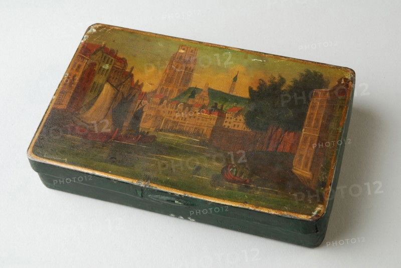 Iron tobacco box, painted with the Kolk in Rotterdam, tobacco box holder iron base metal metal lacquer, Tobacco box Elongated