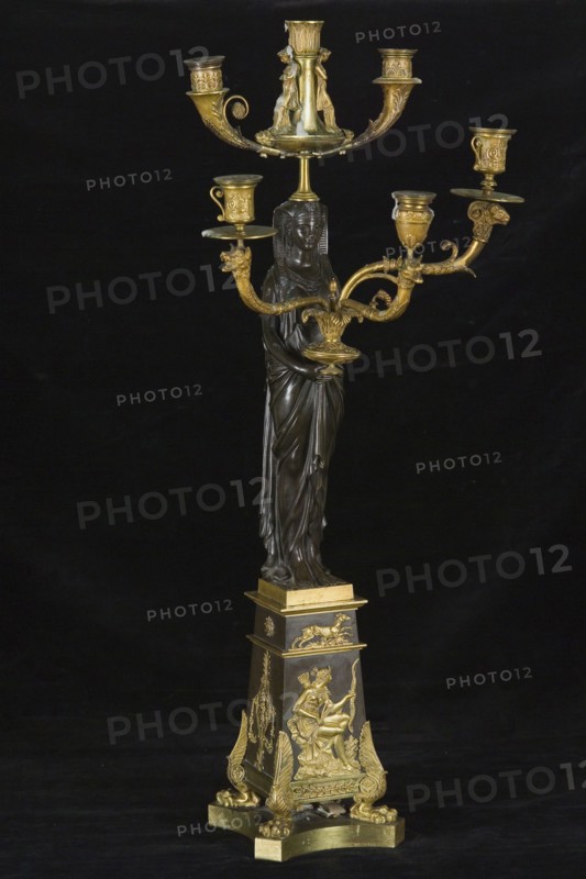 Bronze candelabrum in empire style with Egyptian figure, candleholder lighting device bronze gold metal, cast bronze candelabrum