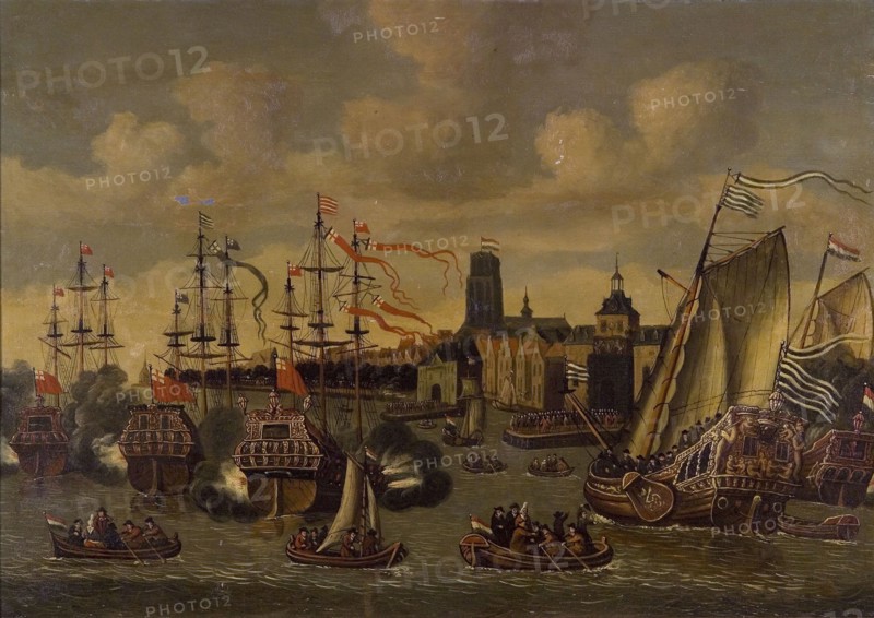 Reception of William IV and Anna of England, painting visual material wood oak oil painting, Oak panel with oak frame. Flag