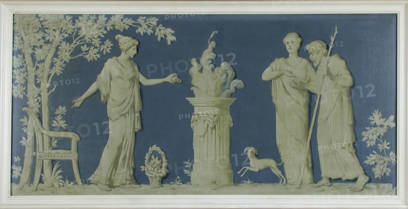 Willem Adrianus Fabri, Upper door, white painting against blue background: classic representation of woman by fire on pedestal