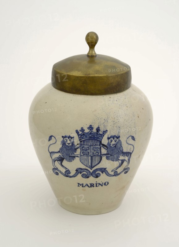Earthenware tobacco pot with lid, coat of arms of Rotterdam and MARINO, tobacco pot pot holder ceramic pottery enamel metal