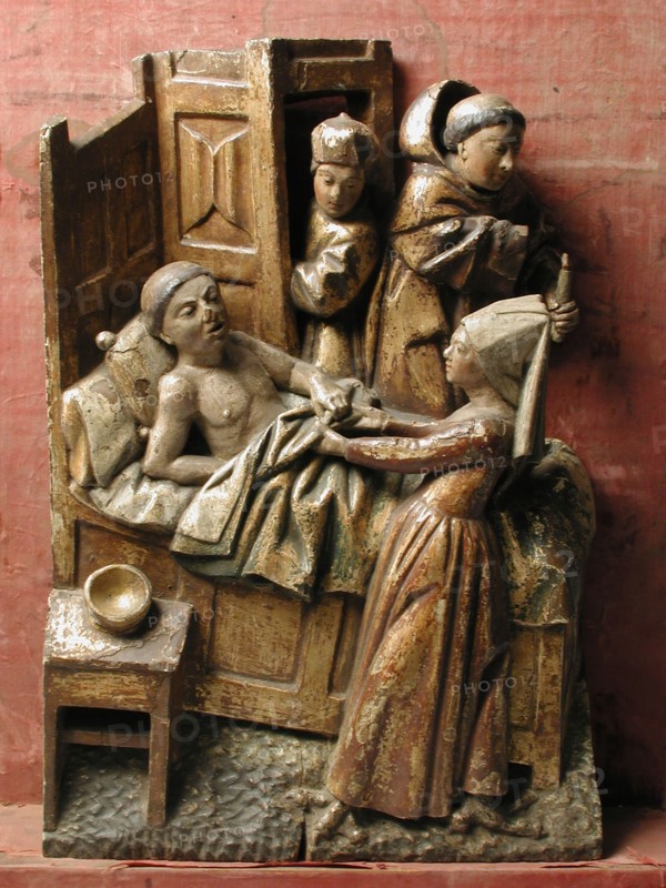 Polychrome, wooden sculpture, temptation of St. Anthony of Padua, sculpture sculpture wood paint gold velvet, The temptation