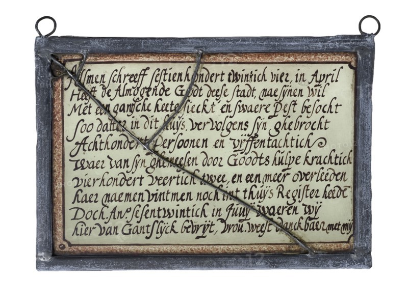 Rectangular window hanger Pest and Dolhuis with painted lettering in lead, stained glass window pane glasspainting material