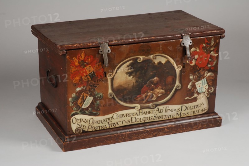 Painted oak chest of the surgeon's guild, guild chest archive case casket cabinet furniture furniture interior design wood oak
