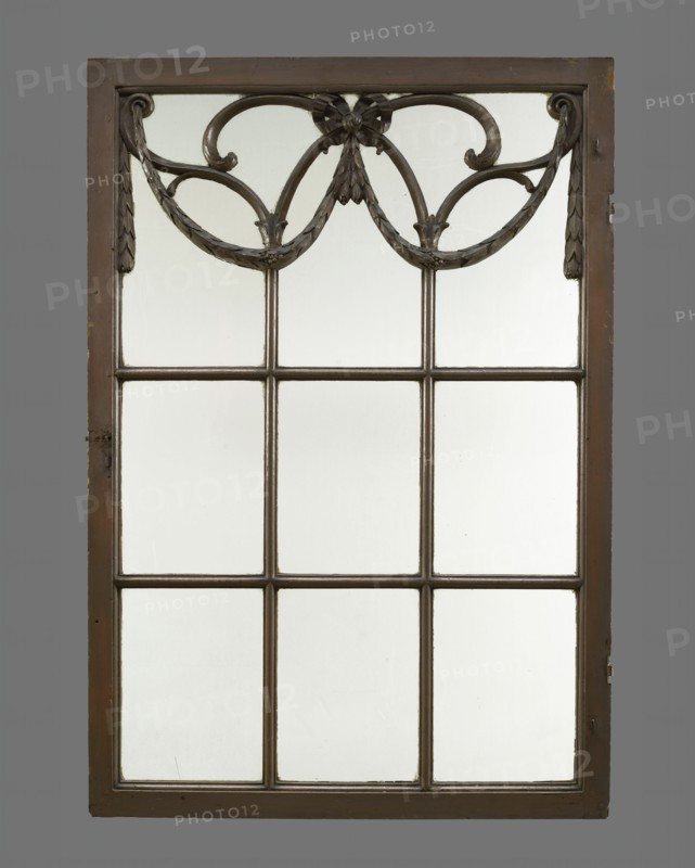 Painted and carved wooden window with nine windows, the top three framed with garlands, window window wood paint, d 3.0