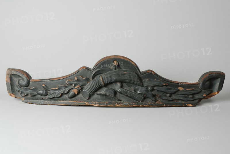 Ornament of farm wagon, with cut bundle of grain, hat and sickle, ornament part wood carving sculpture sculpture wood paint