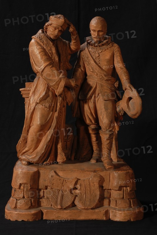 sculptor: Leo Paulus Johannes Stracké, Erasmus and Piet Hein reach out to each other, design for marble sculpture, sculpture