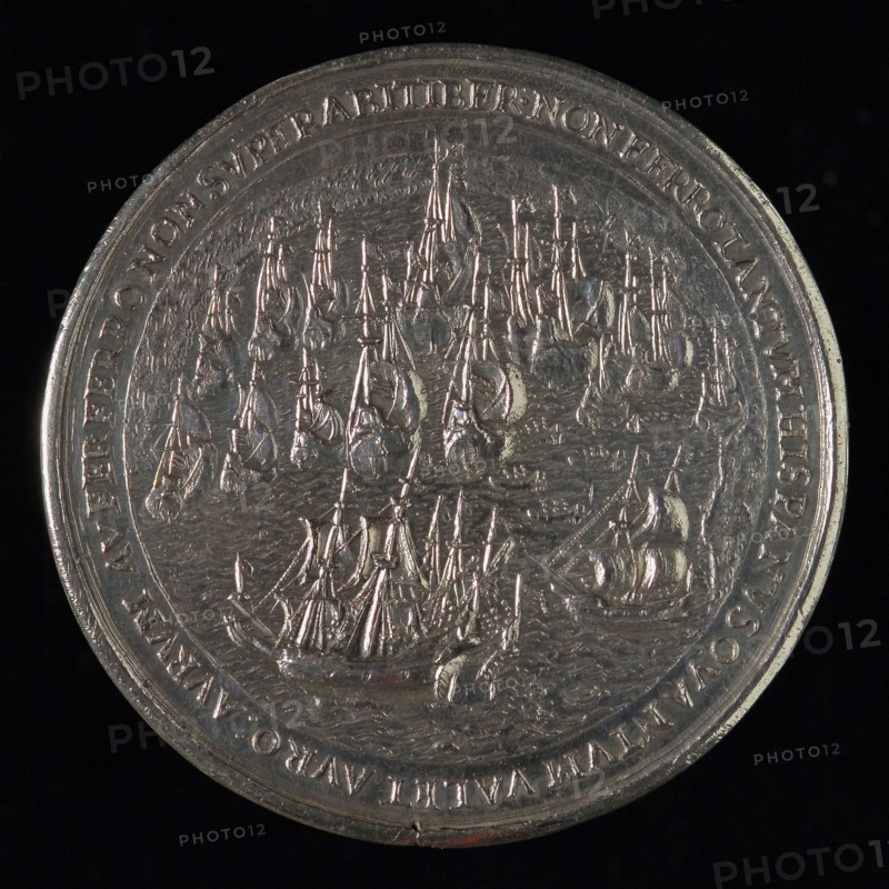 Medal with the silver fleet in the bay of Matanzas attacked by Dutch ships, penning footage silver, the Silver fleet in the bay