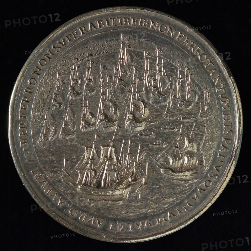 Medal with the silver fleet in the bay of Matanzas attacked by Dutch ships, penny footage silver, the Silver fleet in the bay