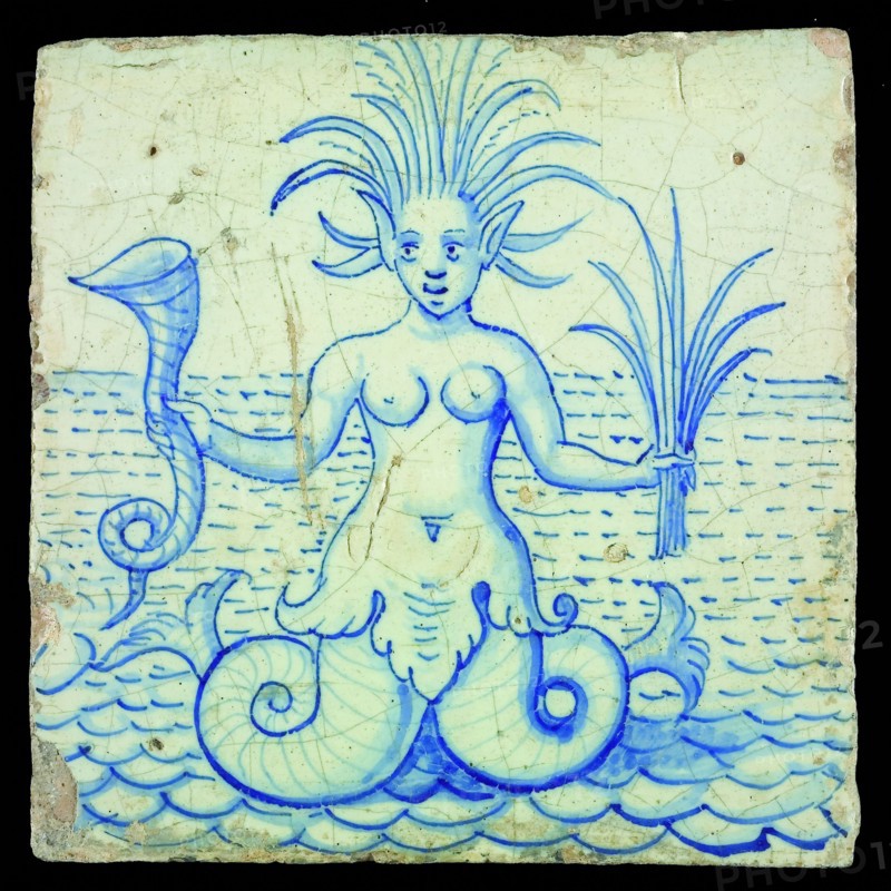 Tile with female seafar in blue, wall tile tile sculpture ceramic earthenware glaze, baked 2x glazed painted Tile with seahorse
