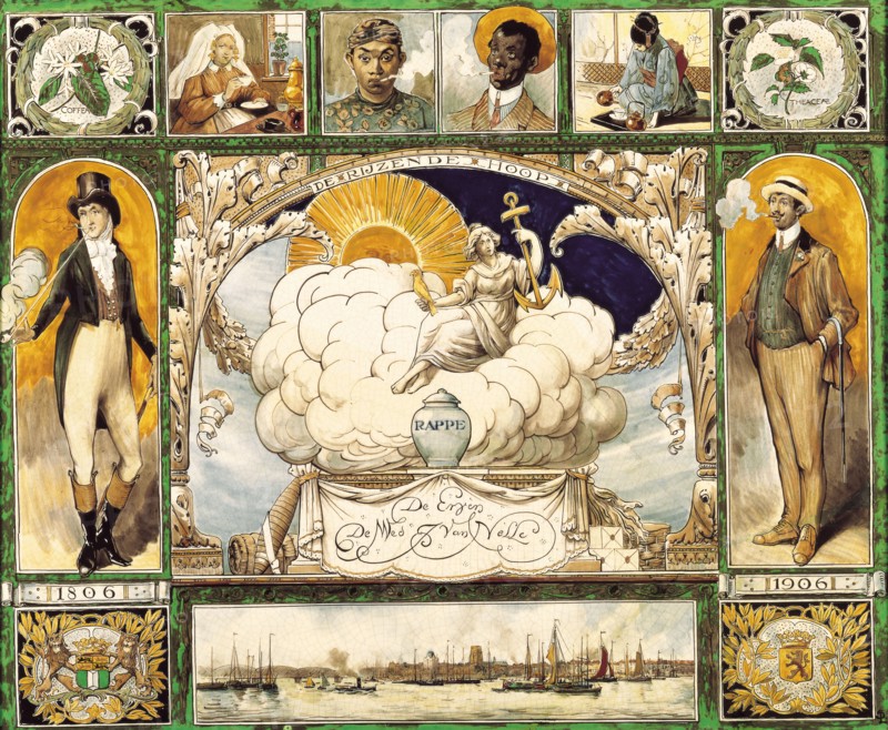 fabriek: Porceleyne Fles, Plaque of Van Nelle, The Rising Hope 1806 - 1906, in frame, plaque ceramic pottery tin glaze, majolica