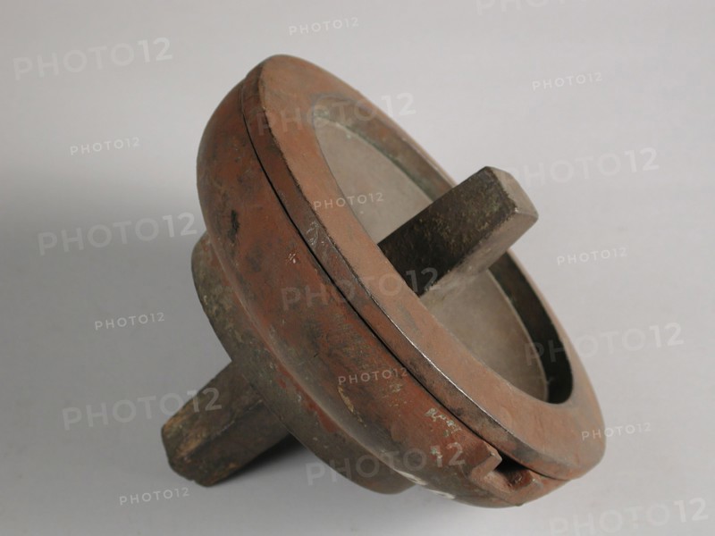 Two-piece round bronze mold for plate or bottom of pot or jug, cast molding tool tools base metal bronze, turned molded Two