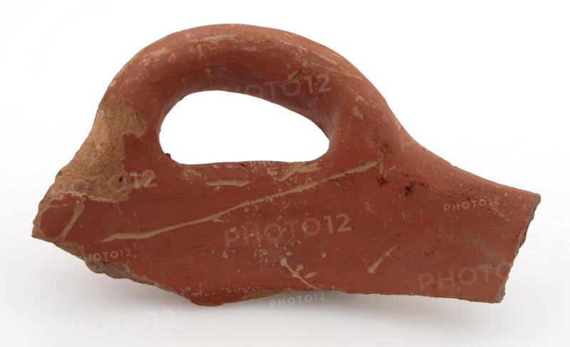 Border fragment of red earthenware with large sausage ear, unglazed, bake pot holder kitchen utensils earthenware ceramics