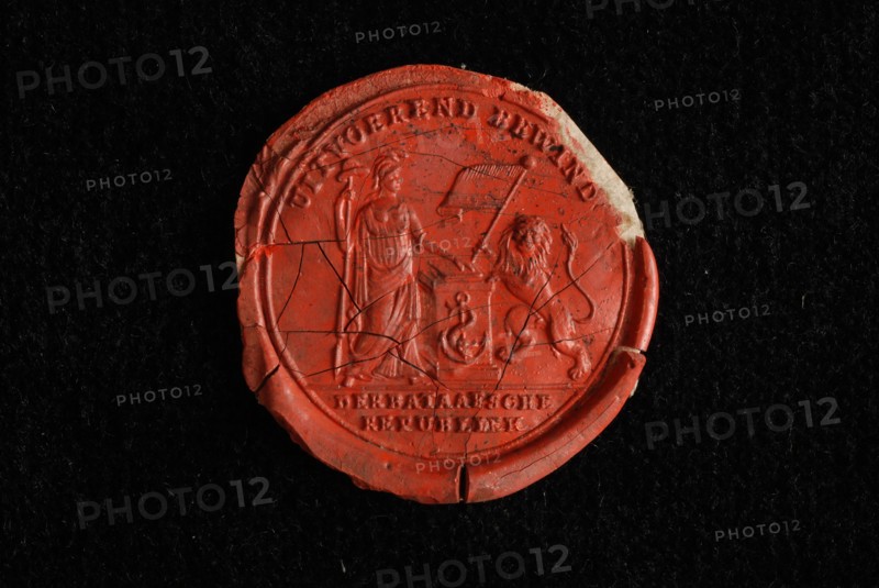 Wax seal of with Dutch virgin with lion and flag, wax seal seal information form lacquer, Wax seal with Dutch virgin