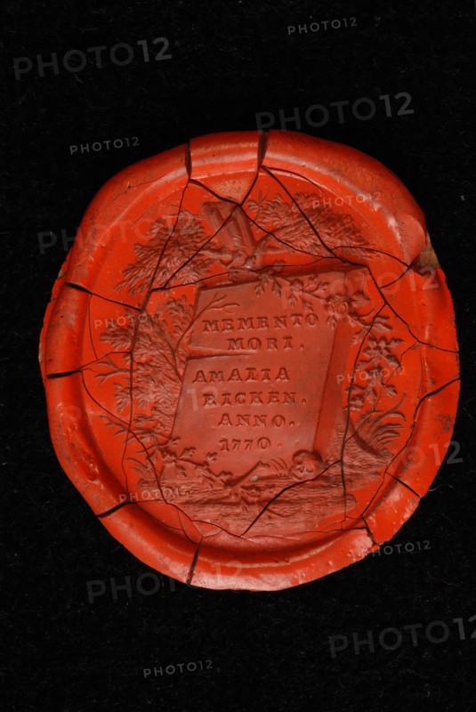 Wax seal with MEMENTO MORI AMALIA RICKEN 1770, wax seal seal information form lacquer, Wax seal with truncated tree and plants