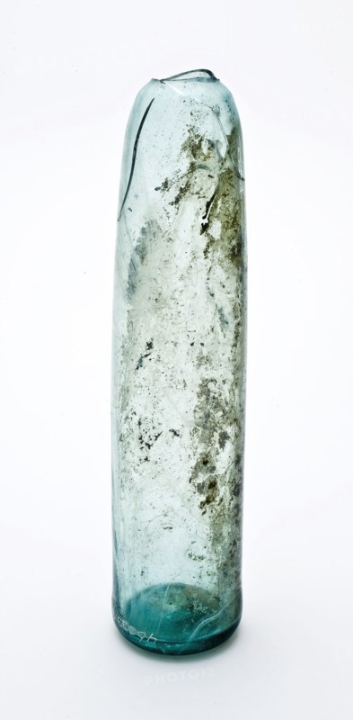 Fragment of soil, body and shoulders of storage bottle, bottle holder soil find glass, hand blown in mold blow Fragment